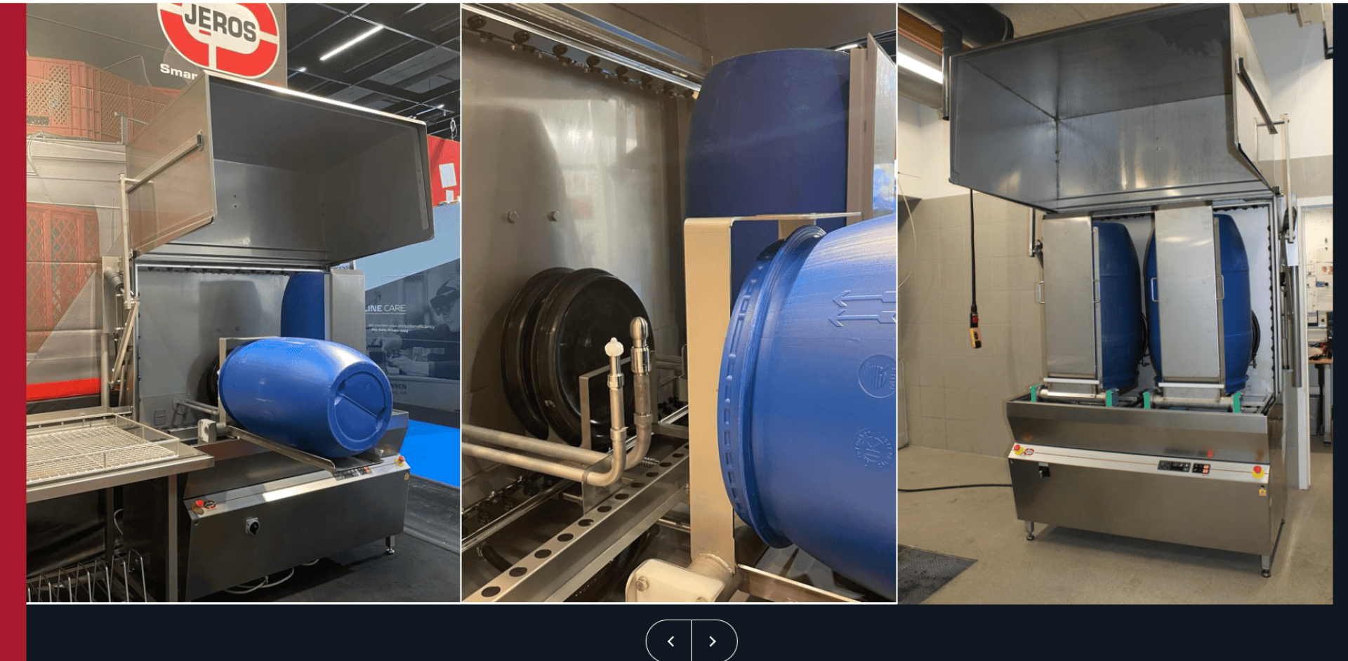 Three images show a large industrial machine washing blue plastic barrels. The machine has a stainless steel structure with a wide opening at the top and control buttons on the front panel.
