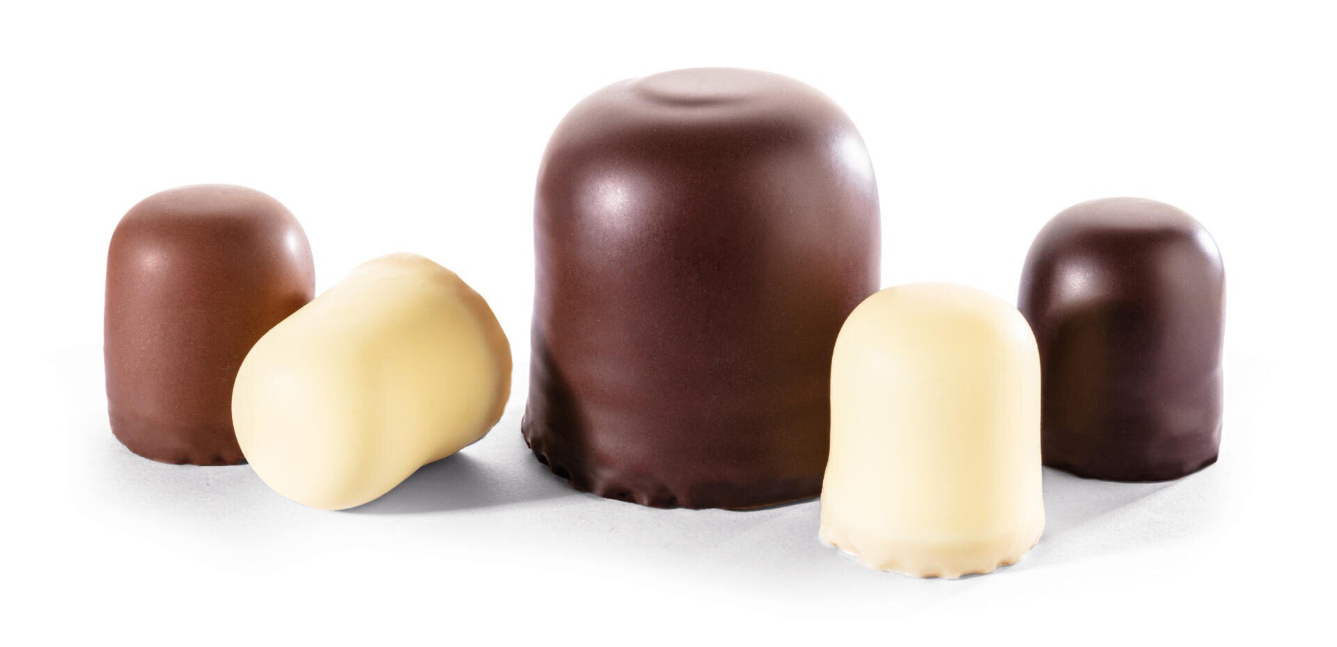 Five chocolate-covered marshmallow treats of varying sizes and colors, including dark, milk, and white chocolate, are arranged on a white background.