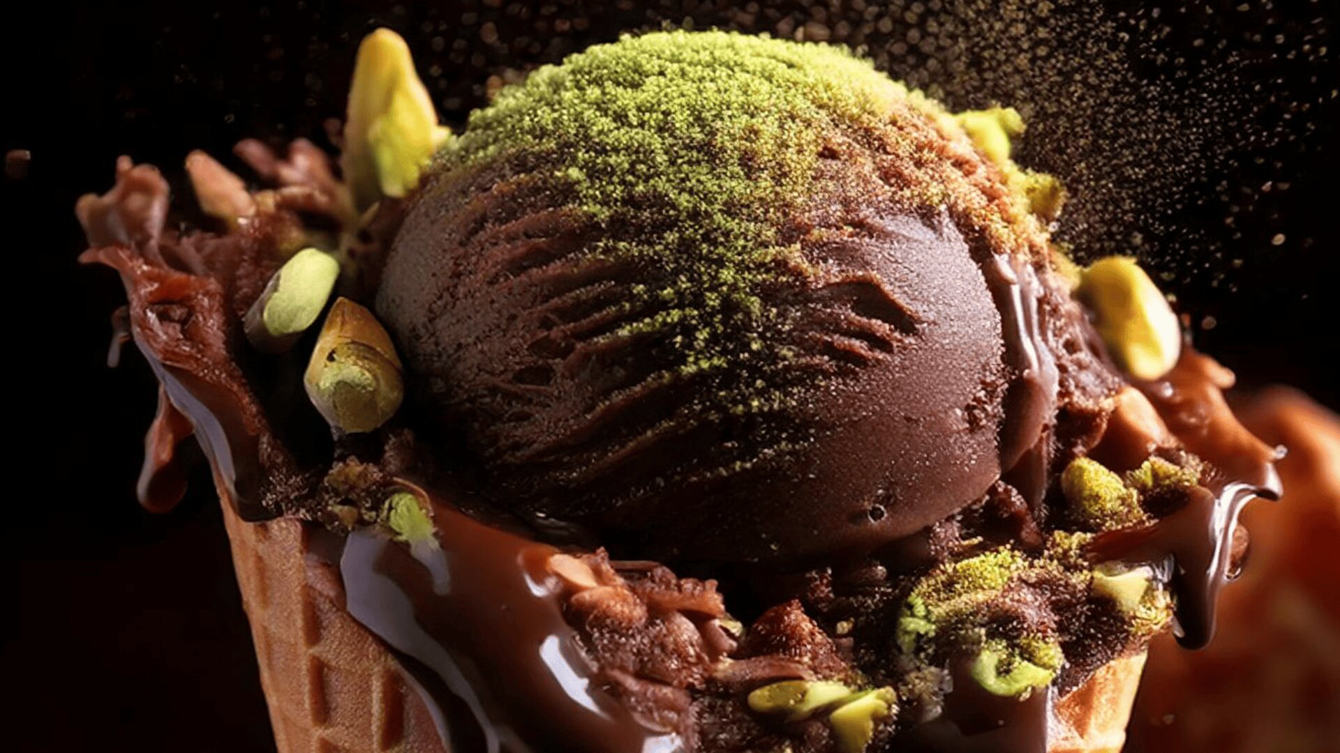 A close-up of a chocolate ice cream scoop in a waffle cone, topped with crushed pistachios, chocolate sauce, and a dusting of green powder, with a rich, glossy texture.