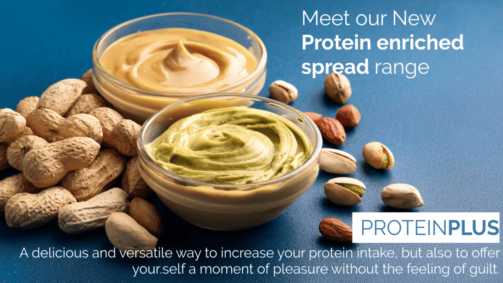 Zwei Schalen mit cremigen, proteinangereicherten Brotaufstrichen, eine beige und eine grüne, sind von Erdnüssen und Haselnüssen umgeben. Der Text wirbt für die neue ProteinPlus-Brotaufstrich-Reihe zur Steigerung der Proteinzufuhr.