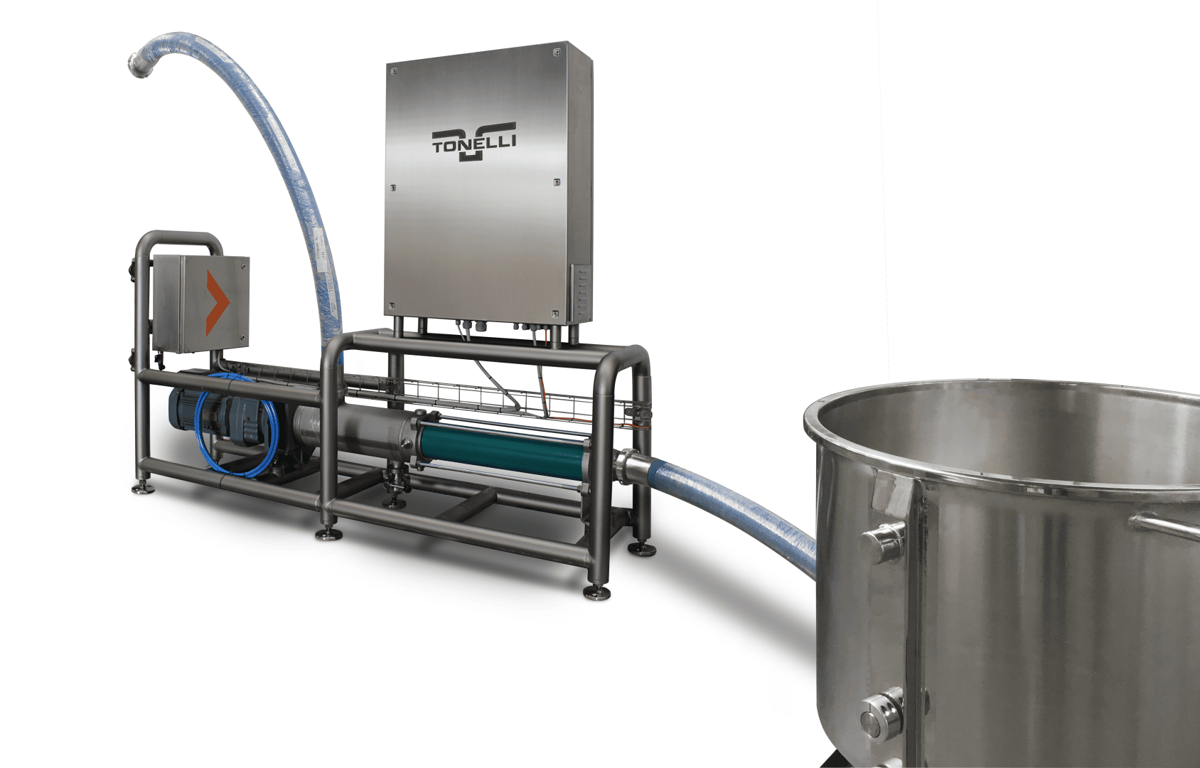 A stainless steel industrial food processing machine with pipes connected to a large metal mixing bowl, set against a white background. The main unit displays the Tonelli logo.