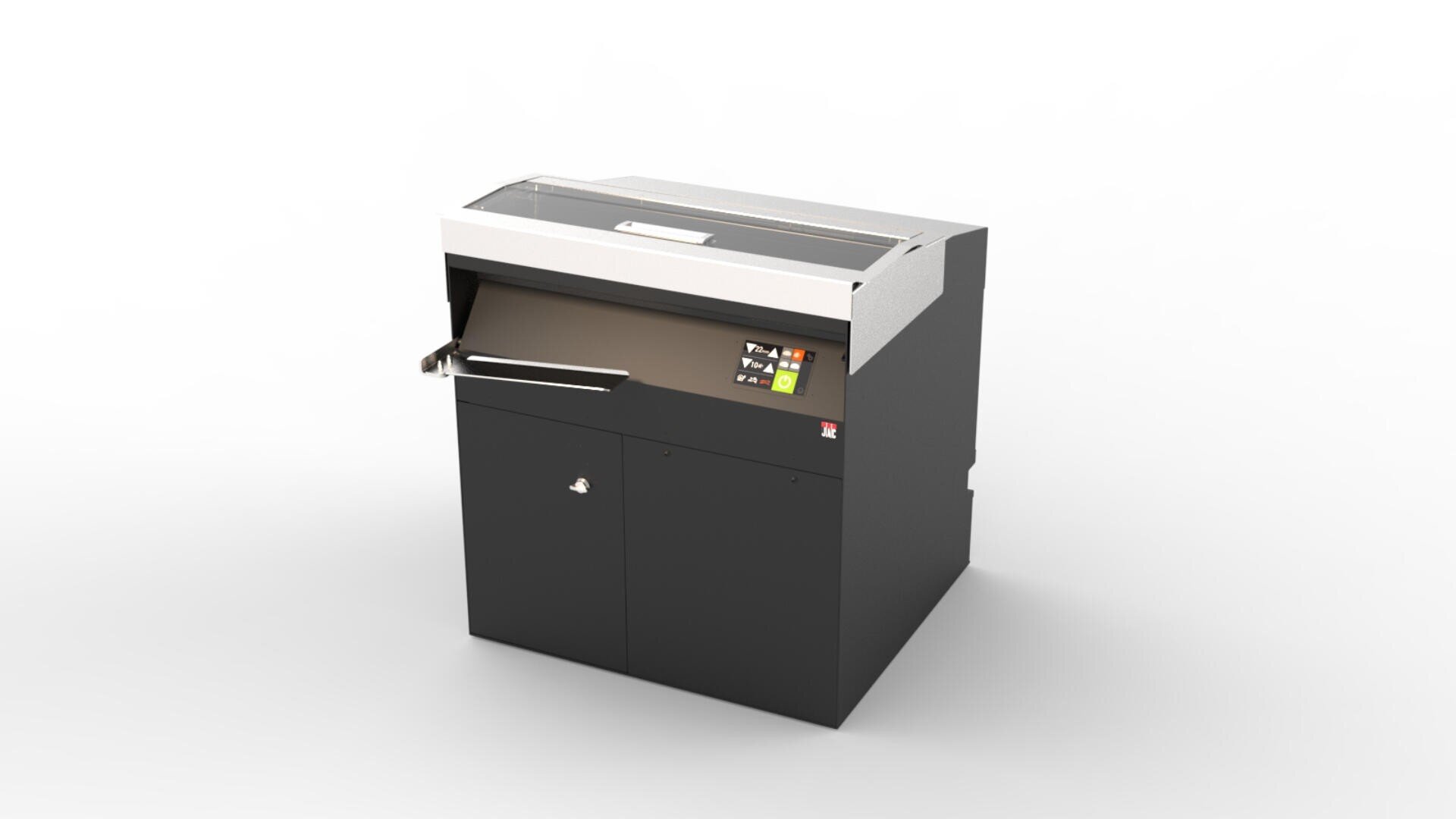 Eine schwarz-graue Industriemaschine mit Bedientasten und einem Griff auf der Vorderseite, die vor einem schlichten weißen Hintergrund steht.