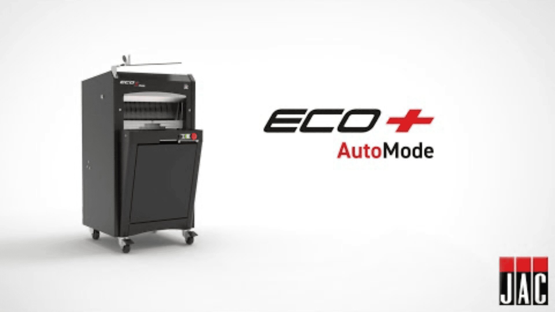 A black industrial machine with a digital display and wheels is shown on the left. The text ECO+ AutoMode and the logo JAC appear on the right against a white background.