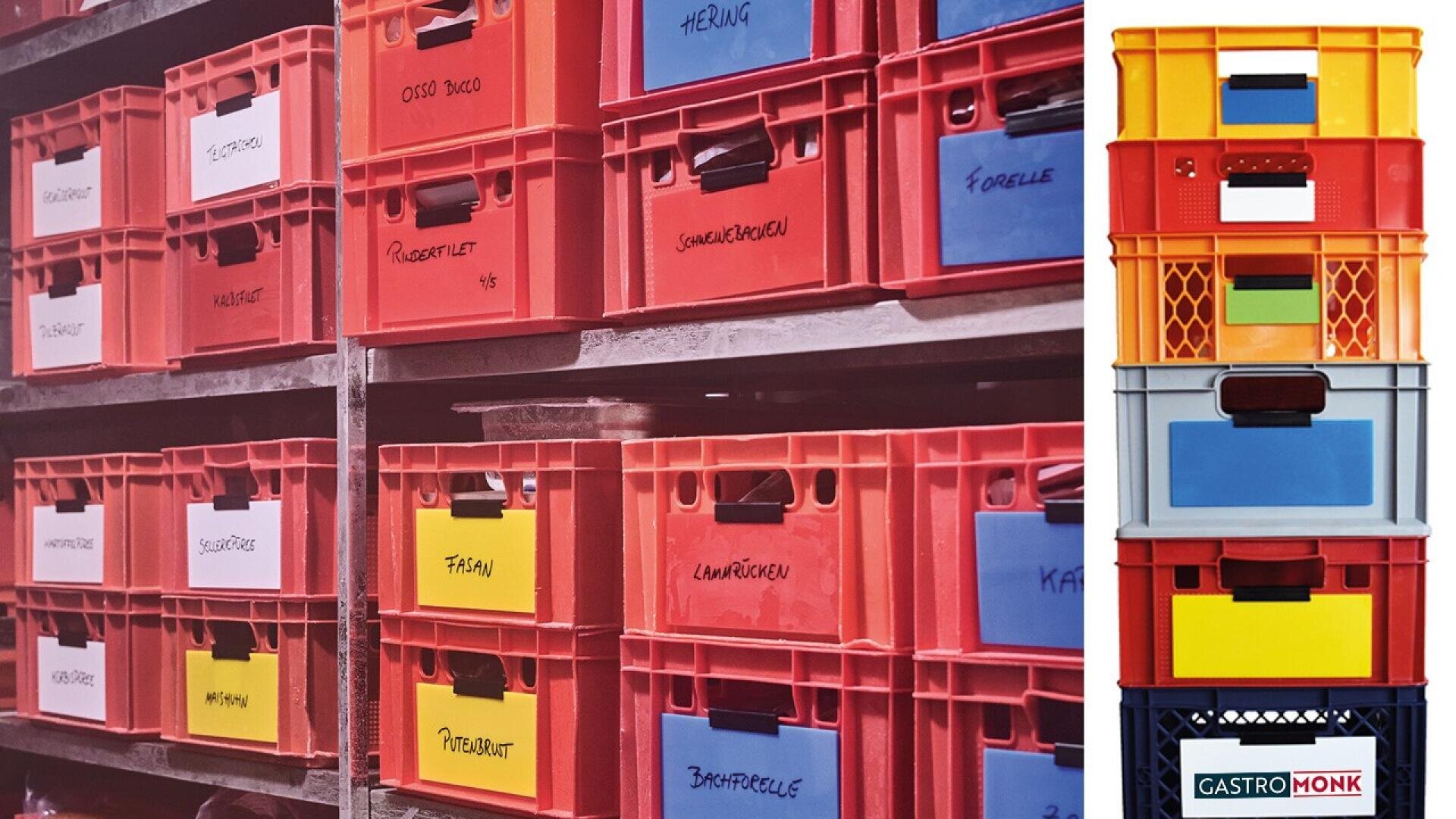 Red storage crates with white labels are stacked on metal shelves on the left, while a vertical stack of colorful crates is shown on the right against a white background.