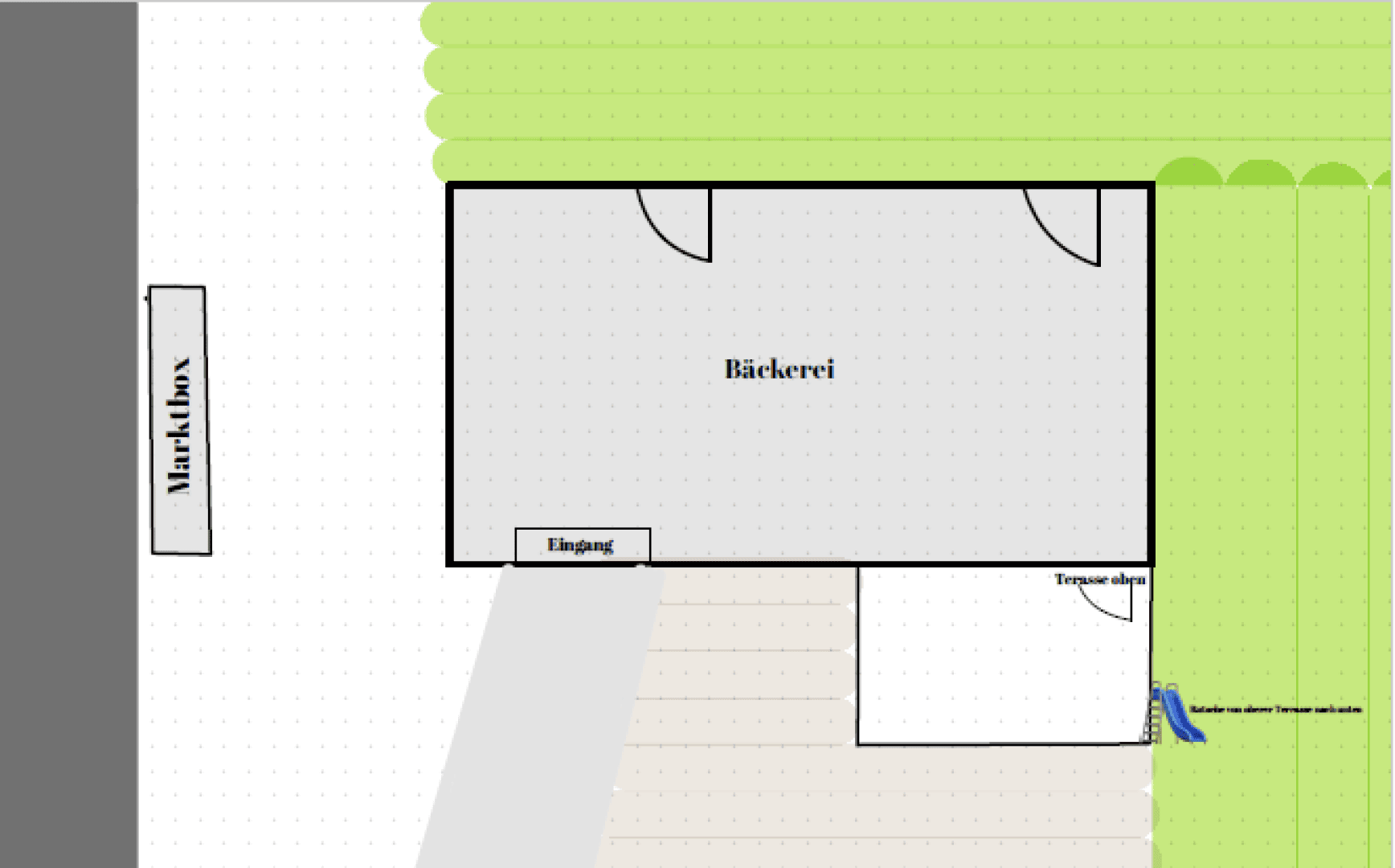 A simple floor plan showing a bakery building with labeled entrance, terrace area, market box on the left, and green areas representing grass or landscaping. There are doors and a path leading to the entrance.