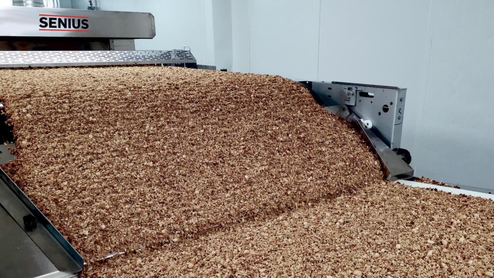 A large quantity of brown, crumbly food product moves along a conveyor belt in an industrial food processing facility, with a machine labeled Senius in the background.