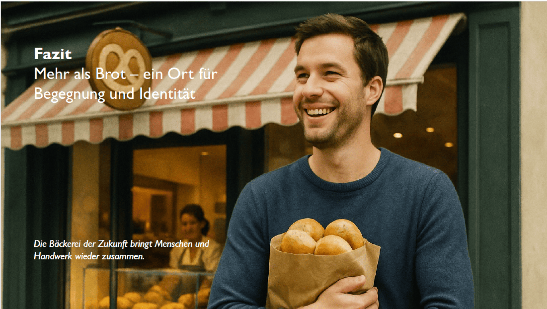 A smiling man stands in front of a bakery holding a paper bag filled with bread rolls. Text in German is overlaid, highlighting the bakery as a place for connection and identity.