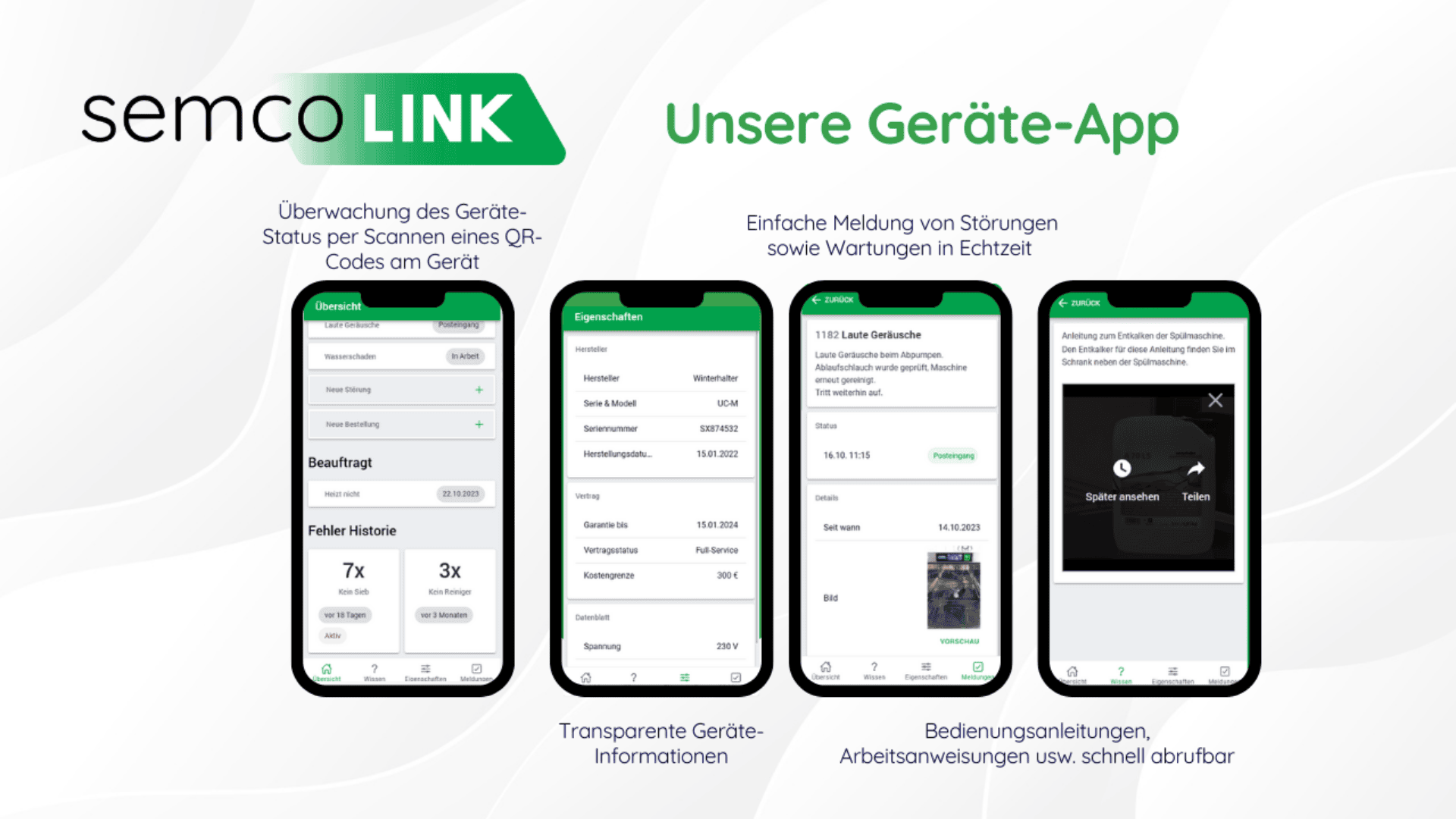 Auf vier Smartphone-Bildschirmen wird die Semco Link App angezeigt. Sie zeigt den Gerätestatus, transparente Gerätedetails, Fehlermeldungen und Bedienungsanleitungen. Grüne und schwarze Akzente sowie deutscher Text, der die App-Funktionen beschreibt, sind sichtbar.