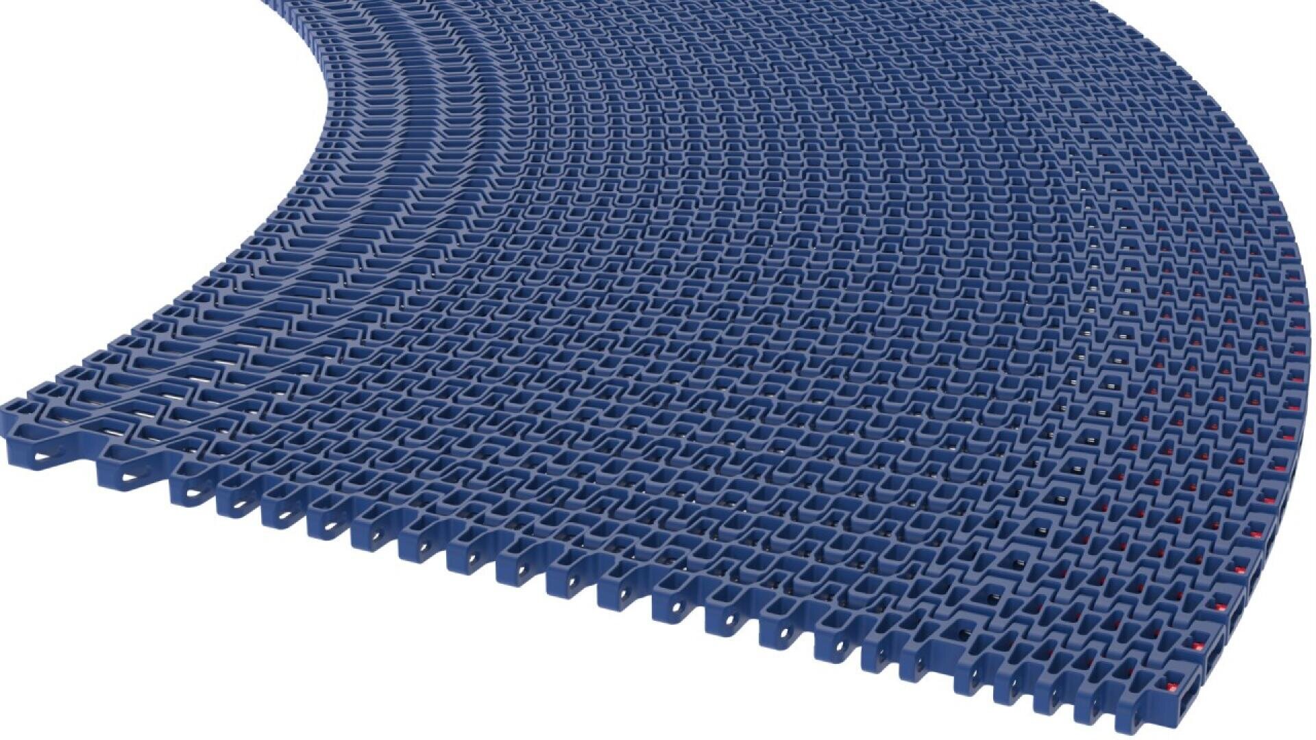 Curved blue plastic modular conveyor belt with a waffle-like grid pattern, designed for smooth material transport in industrial settings.