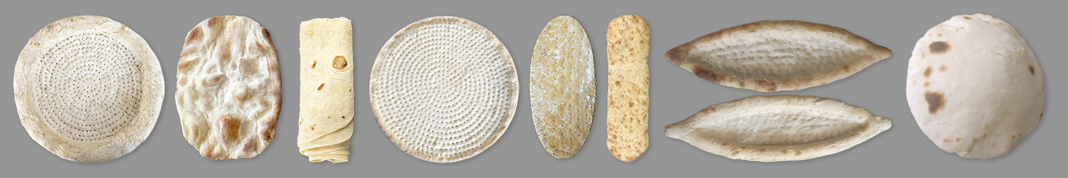 A series of nine different Middle Eastern flatbreads and pastries, shown from above and from the side, arranged on a gray background. Each bread has different shapes, textures and patterns.