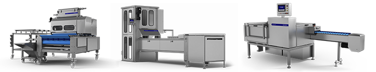Three large stainless steel industrial food processing machines with blue conveyor belts, digital control panels and rollers, shown side by side on a black background.