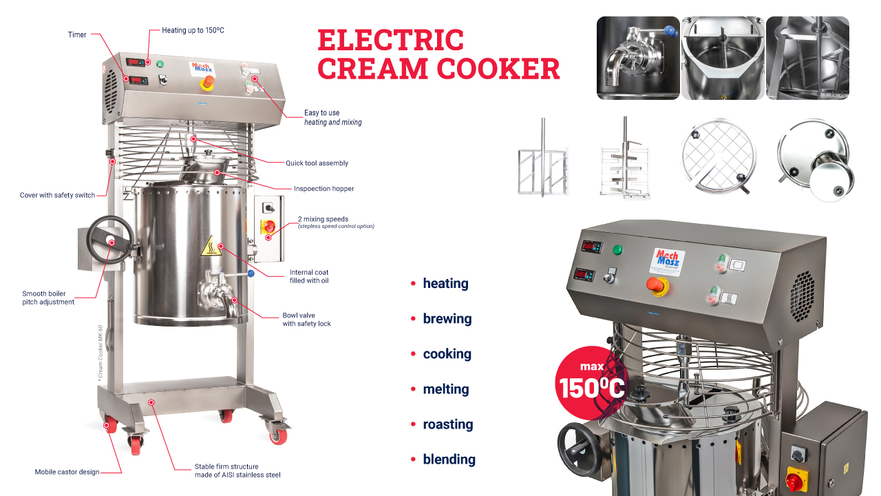 Electric cream cooker machine with a stainless steel mixing bowl, control panel, safety guard, and attached wheels. Insets show close-ups of components and mixing tools. Functions include heating, brewing, cooking, melting, roasting, and blending.