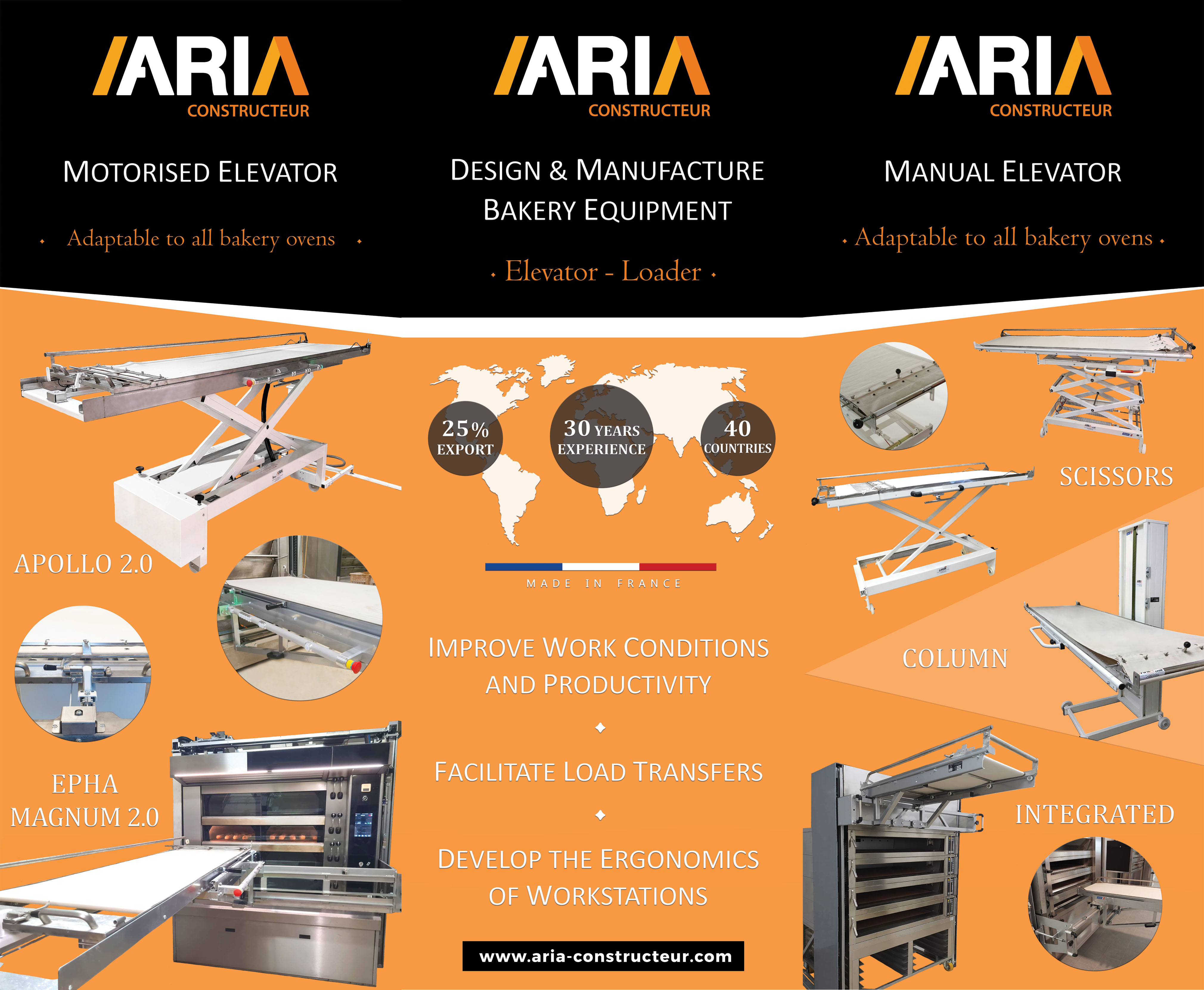 Promotional flyer for ARIA bakery equipment with motorized and manual lifts, with product images, advantages and technical features such as scissors and columns, highlighting adaptability, ergonomics and support in load transfer.