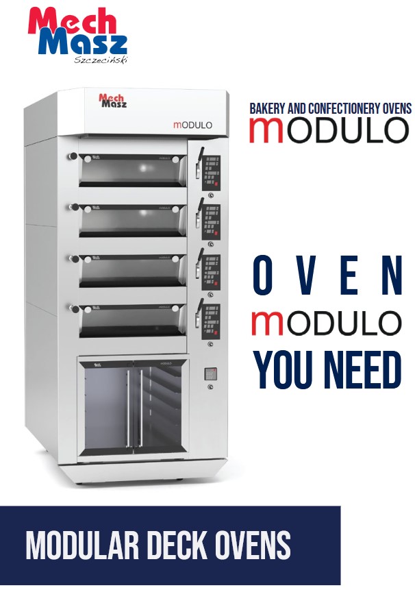 A stainless steel modular deck oven with four baking chambers and a control panel. The image has text: Mech Masz, Bakery and Confectionery Ovens MODULO, Oven MODULO You Need, and Modular Deck Ovens.