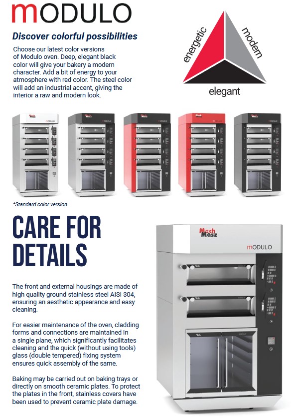 Advertisement showing four industrial ovens in red, black, steel, and white, with a color style triangle (energetic, modern, elegant) and text highlighting oven features, materials, and care details.