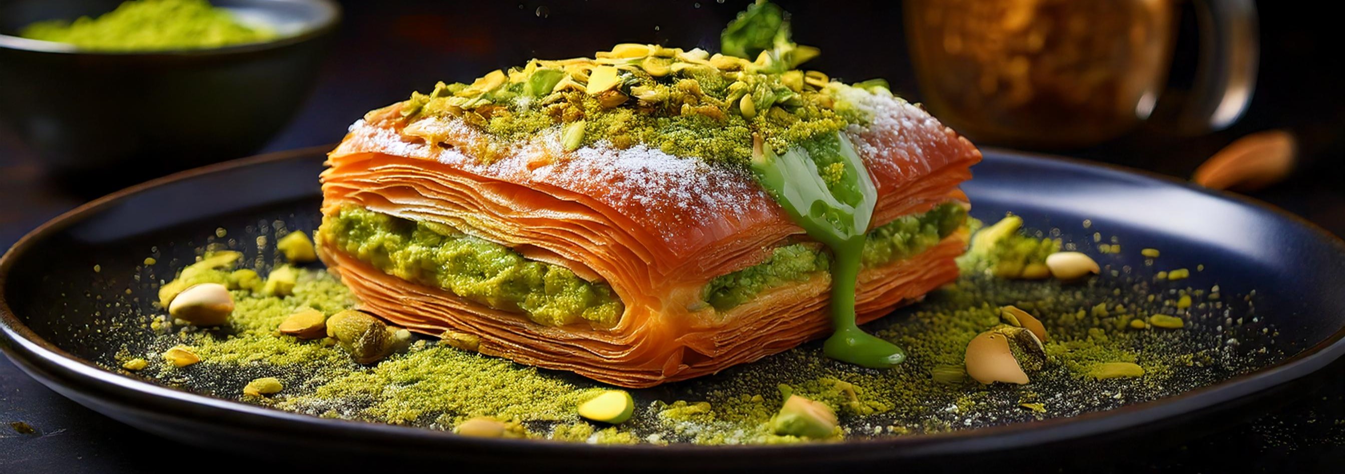 A flaky layered pastry filled with green pistachio cream, topped with powdered sugar, chopped pistachios, and green sauce, served on a black plate with scattered nuts and green powder.