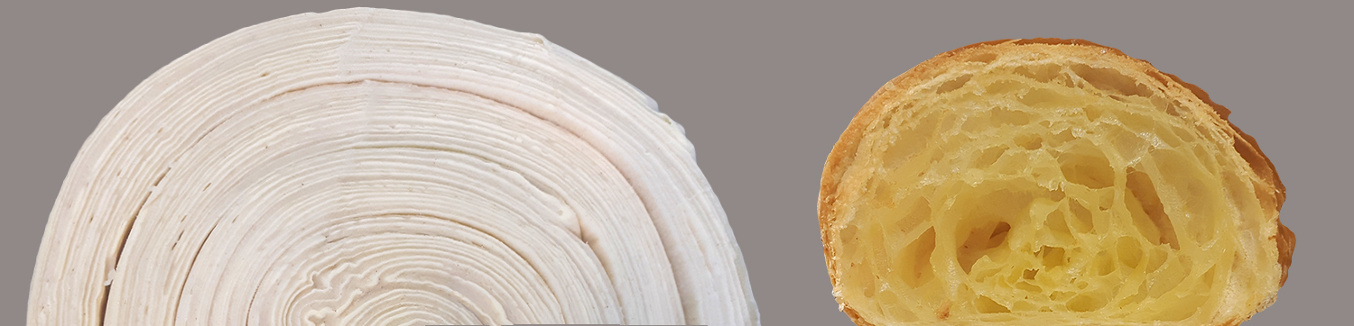 Close-up of two cross-sections: on the left, layered white onion rings; on the right, a sliced croissant showing its golden, flaky interior. Both are on a plain grey background.
