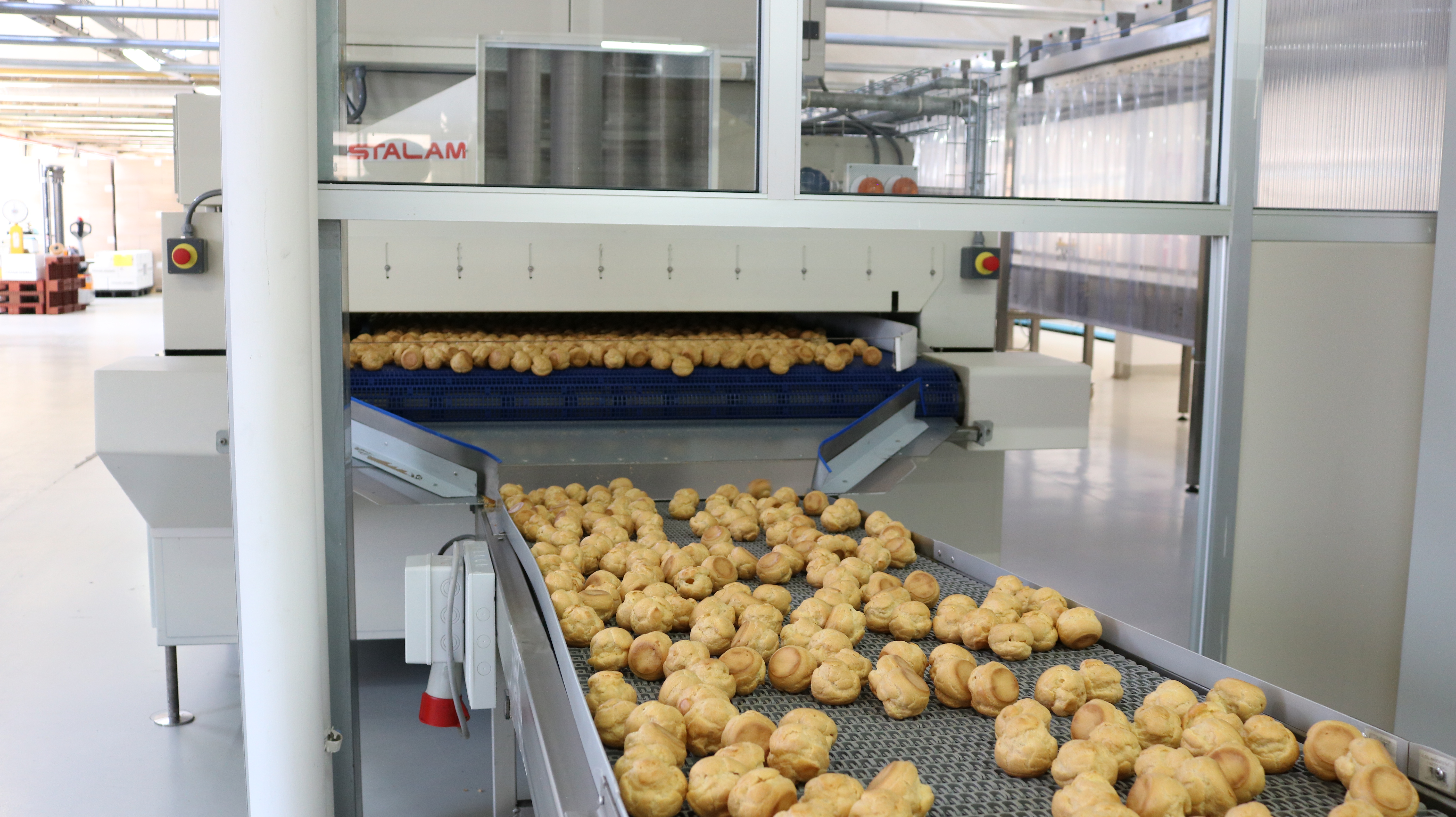 A conveyor belt in a factory transports rows of baked pastries through a large industrial oven, indicating mass food production in a clean, modern facility.