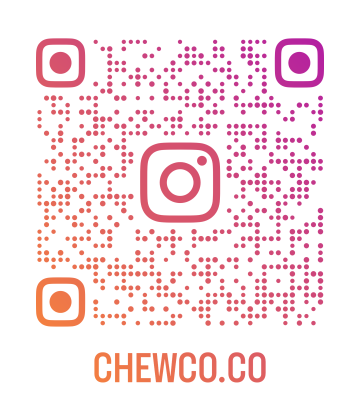 A QR code with an Instagram logo in the center and CHEWCO.CO written below in orange gradient text.