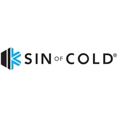 Logo featuring a blue and black geometric snowflake design on the left, followed by the text SIN OF COLD® in bold, black uppercase letters.