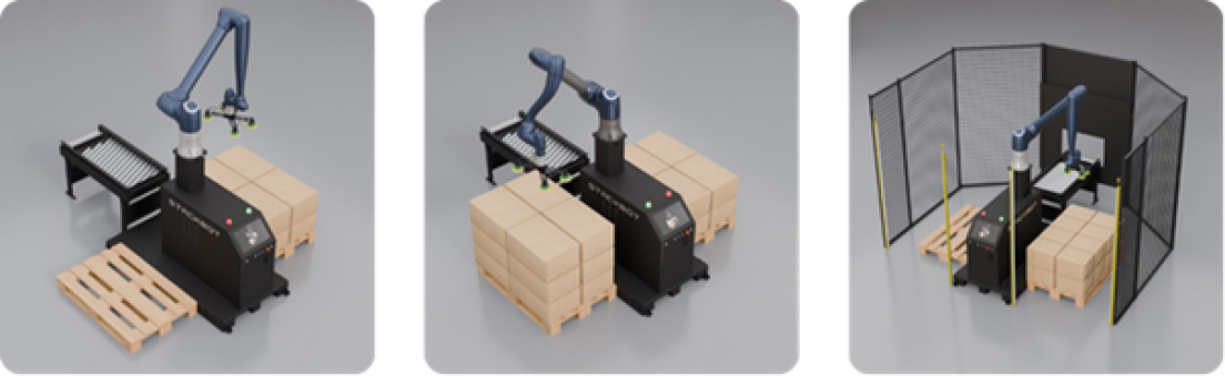 Three stages of an automated palletizing system: a robotic arm with boxes and a conveyor, then with stacked boxes on a pallet, and finally the setup enclosed by safety barriers.