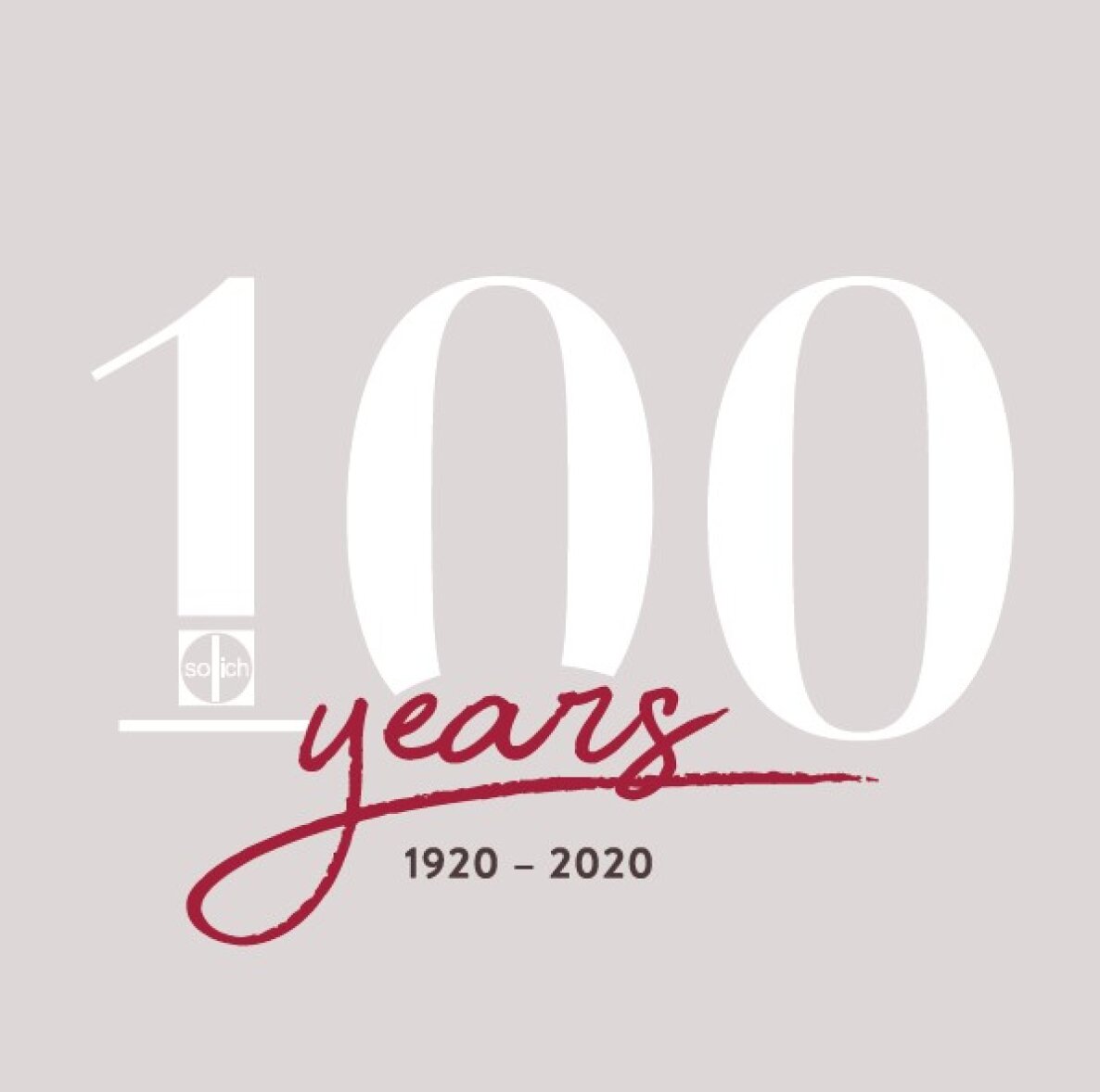 The white text reads 100 Years 1920–2020 on a light gray background. The word Years appears in red above the number 100. A small Solich logo appears within the first zero.