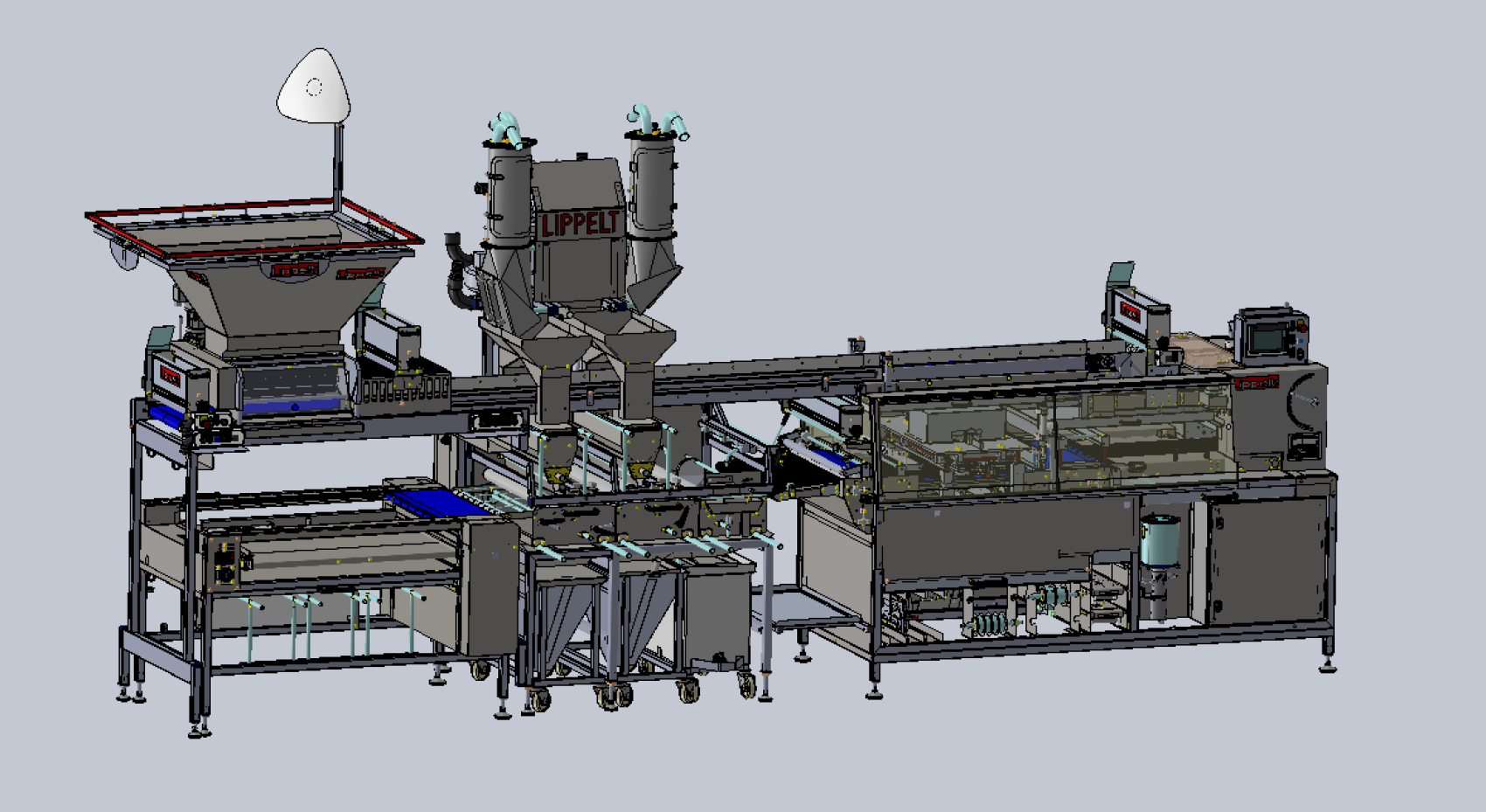 A 3D-rendered image of an industrial food processing and packaging machine, featuring conveyors, hoppers, control panels, and multiple compartments for automated production.