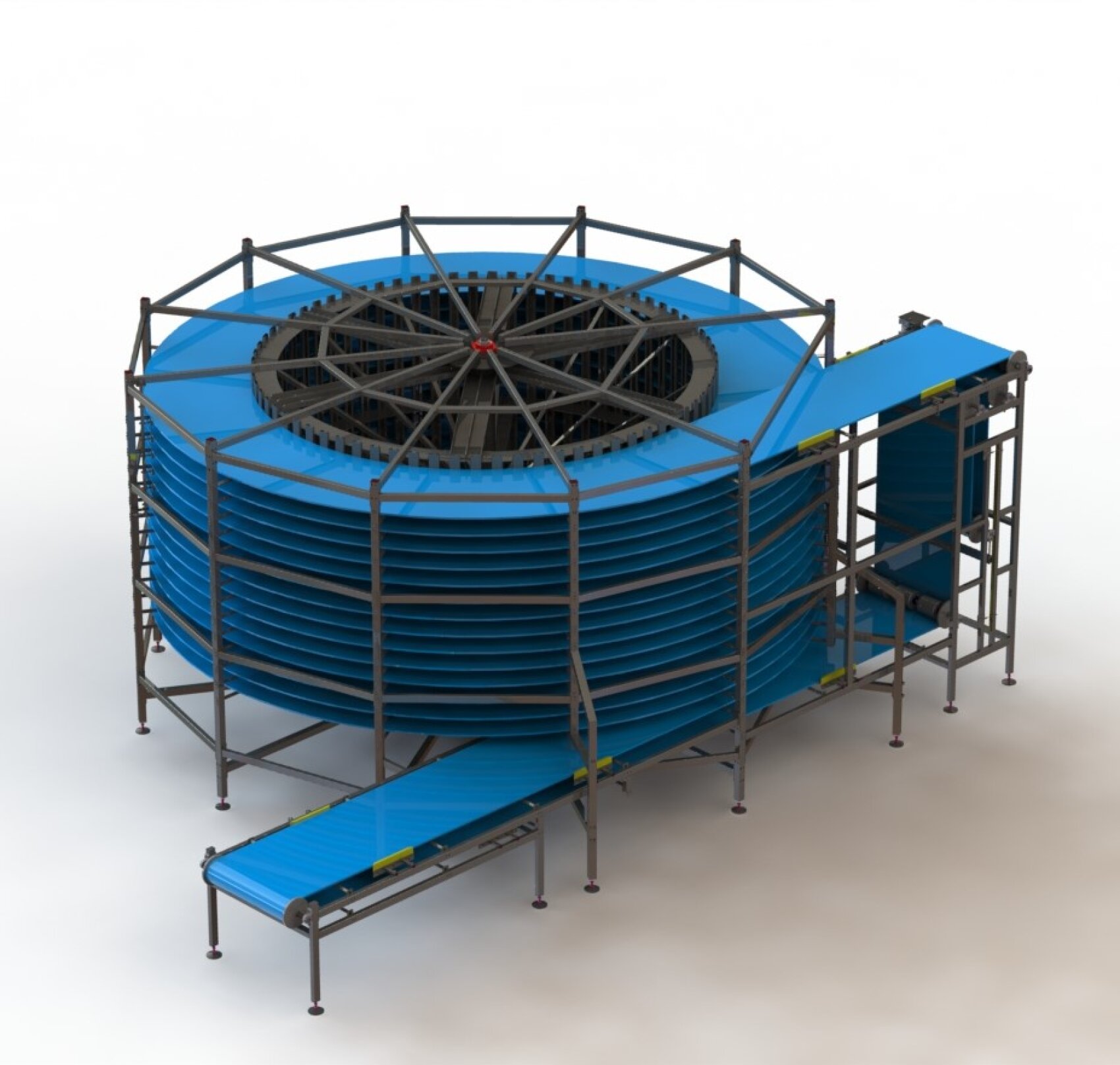 A large, industrial spiral conveyor system with blue belts and a metal frame, designed for the vertical transport of items in a compact, circular configuration. The conveyor features entry and exit points at different heights.